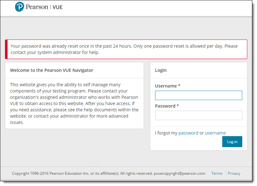 Navigator Login page. Your password was already reset once in the past 24 hours message.